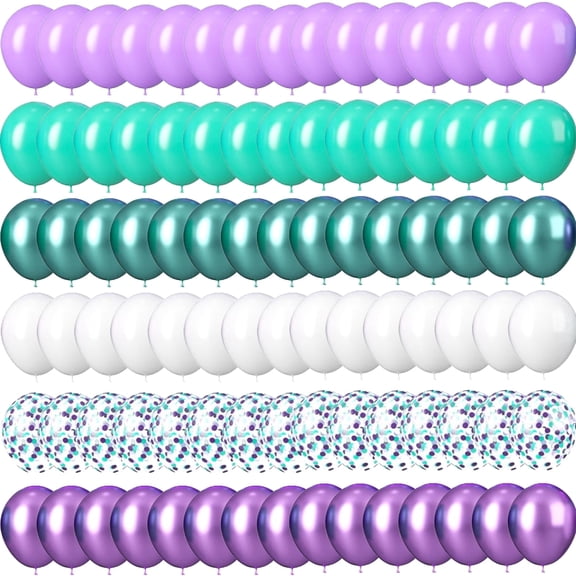 60Pcs Metallic Purple Green Balloons, 12 Inches White Metallic Purple Teal Blue Confetti Latex Balloons for Girls Baby Shower Birthday Party Decorations