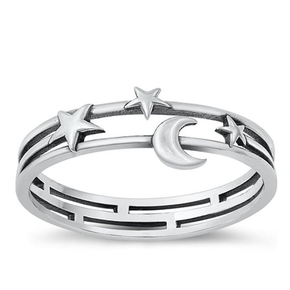 Oxidized Moon & Stars Ring .925 Sterling Silver Band Jewelry Female Male Unisex Size 9