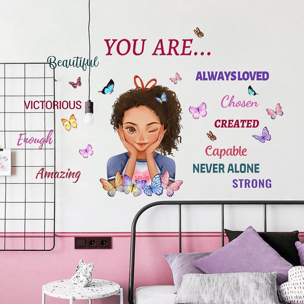 1 pieza de pegatinas de pared inspiradoras de niña negra para decoración, decoración de arte de dormitorio de mujer positiva, pegatinas de mariposa inspiradoras para niñas, sala de estar D