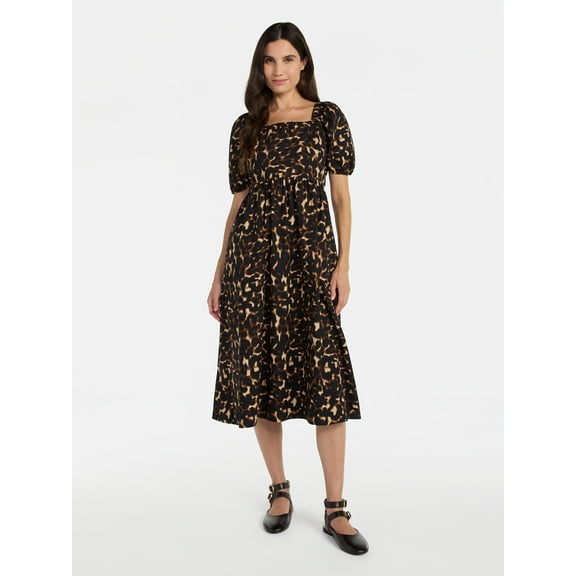 Time and Tru Women's Midi Dress with Puff Sleeves, XS-XXXL