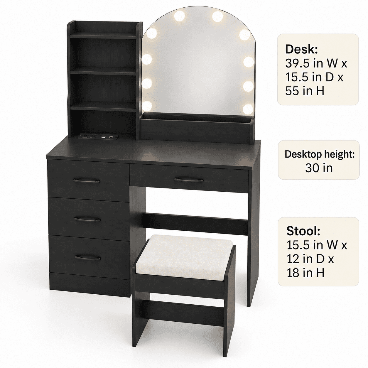 Furnibear Makeup Vanity Desk with Lighted Mirror, Dressing Table and Cushioned Stool Set with Wireless Charging Station and Drawers, Black