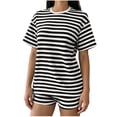 thumbnail image 2 of Costeam Womens Striped Outfit Set Short Sleeve Crew Neck Tee and Shorts Casual Textured Knit Loungewear Loose Fit Summer Matching Set, 2 of 6