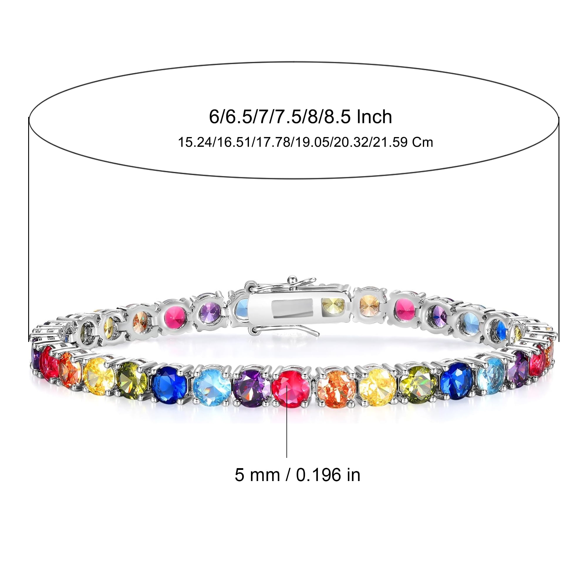 GEMSME Women Bracelet 18K White Gold Plated 5.0 Round Colorful Cubic Zirconia Classic Tennis Bracelet for Women Men 6.5 Inch