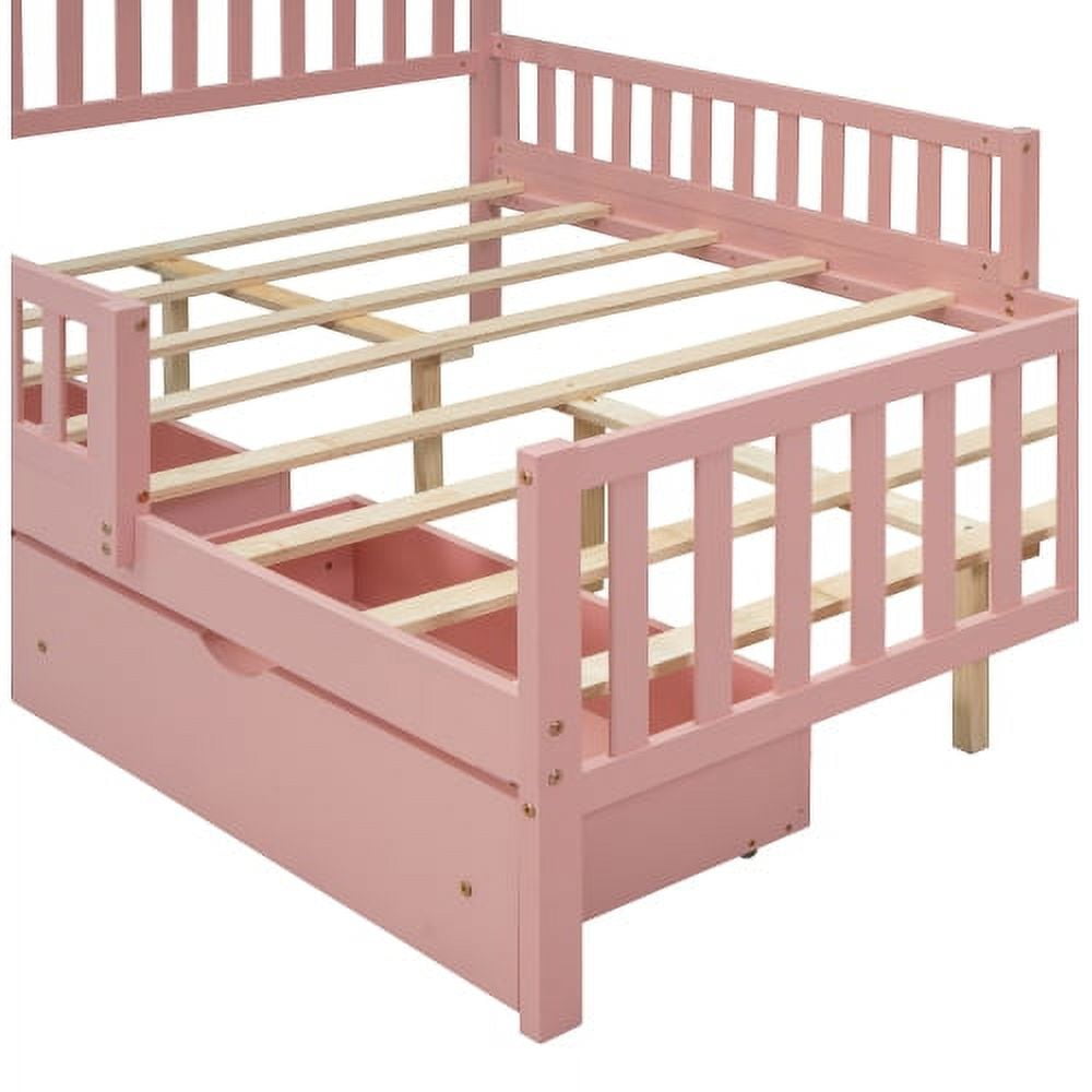 Euroco Wood Full Size Platform Bed with Guardrails and Drawers for Kids Teens Toddlers, Pink