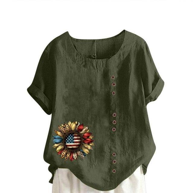 Vestidos Casuales Para Mujer, Blusas De Mujer De Moda Blusa informal de lino con botones y manga corta estampada para mujer