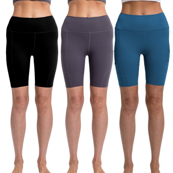 YUSHOW 3 Pack Women's High Waist Yoga Shorts with Pockets Tummy Control Workout Bike Shorts Size M