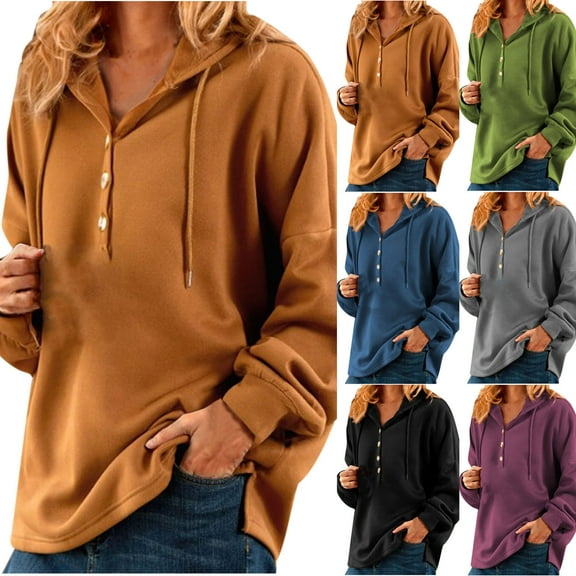 ZZwxWA Womens Oversized Hoodies 1/4 Button up Sweatshirts Hooded Long Sleeve Loose Solid Pullover Hoodie Fall Women Solid Color Winter Gift