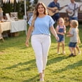 thumbnail image 3 of Agnes Orinda Women's Plus Size Tops Lace Panel Hollow Short Sleeves Summer Solid Blouses 1X Blue, 3 of 8