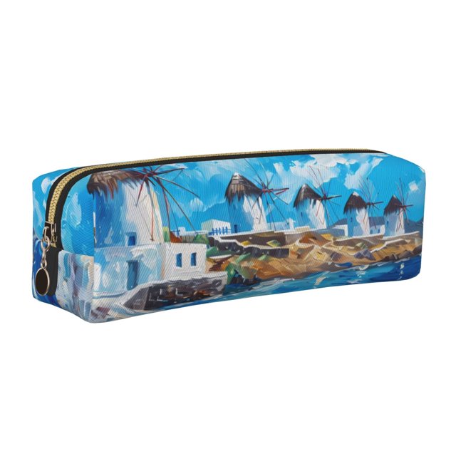 Easygdp Greek Island Windmills Painting para Estuche de Lápices de Cuero, Estuche de Papelería de Cuero, Estuche de Gran Capacidad con Cremallera