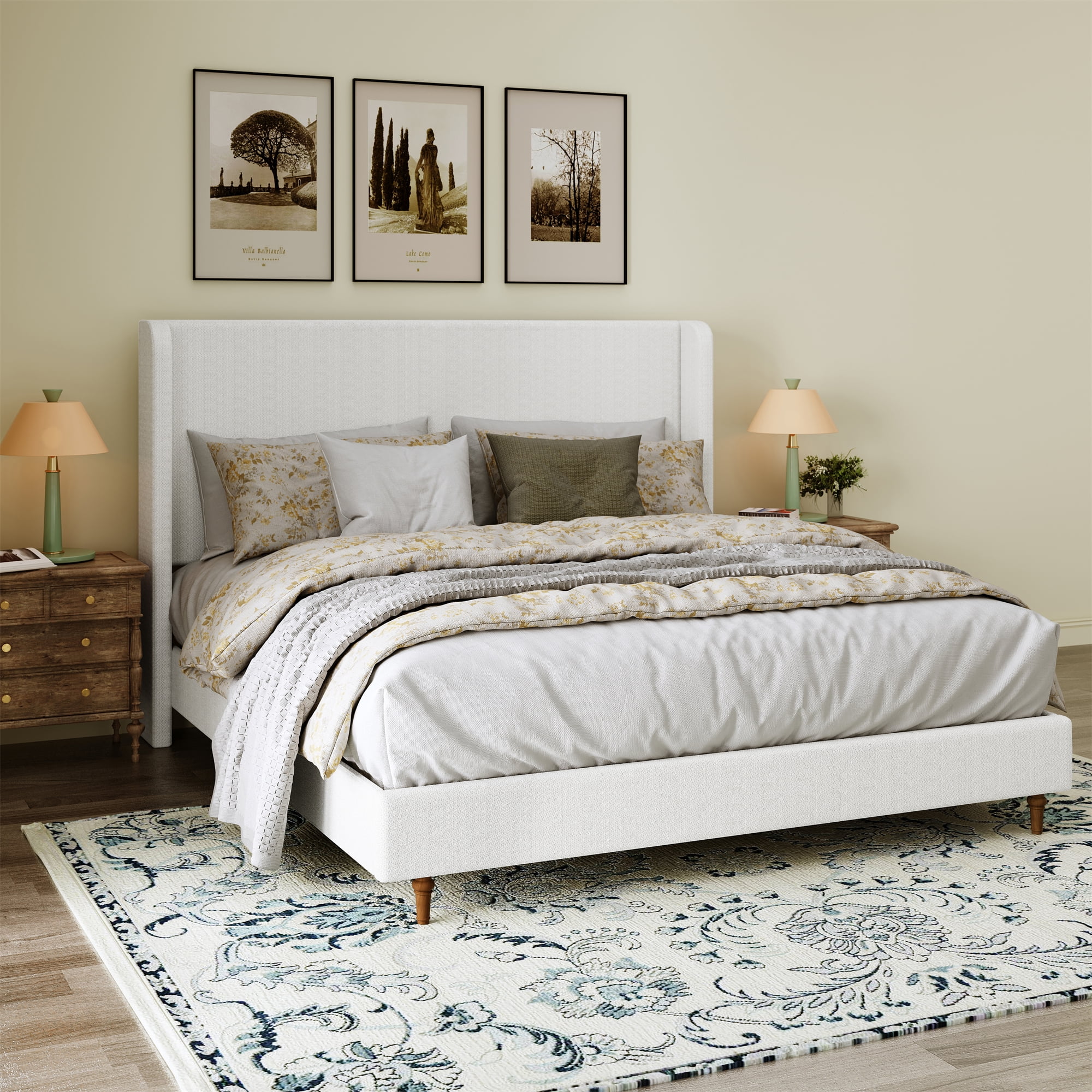 King Size Bed Frame High Headboard Upholstered Platform Bed, Retro Simple Style Platform Bed No Box Spring Needed, Easy Assembly, Ivory