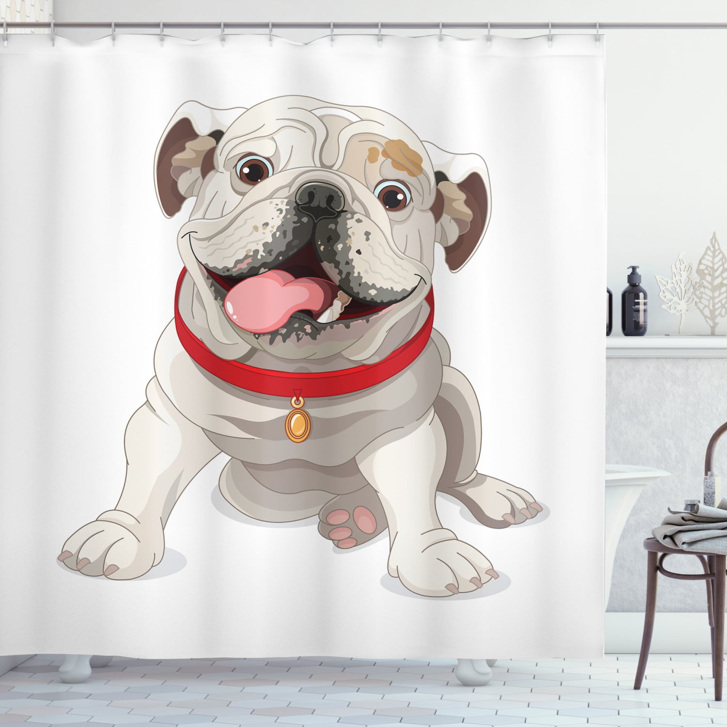 Bulldog Shower Curtain Happy Puppy, English Bulldog Shower Curtain