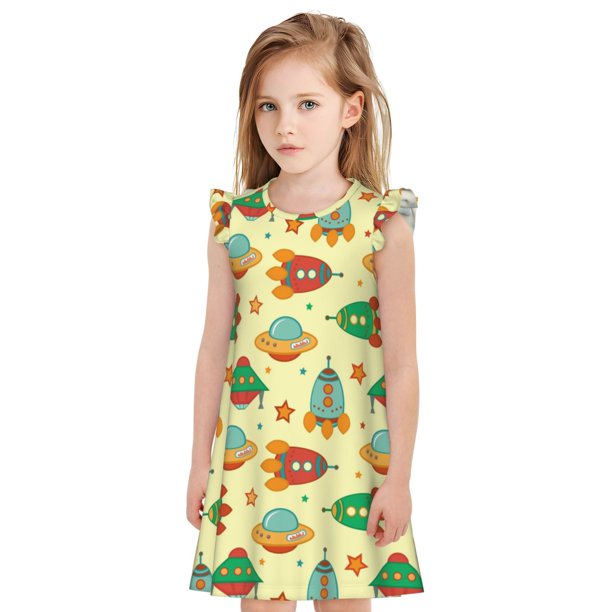 Fotbe Colorful Outer Space Vestido de Dormir para Niñas de 3 a 10 Años, Mangas Cortas, Estilo Princesa, Pijama Camisón con Mangas Voladas-X-Large