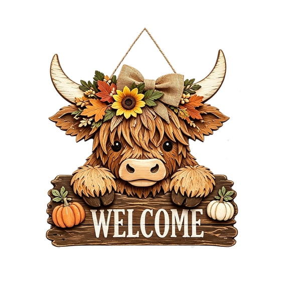 Highland Cow Welcome Door Hanger Sign Rustic Brown Wooden Farmhouse Animal Decoration,Harvest Thanksgiving Wood Sign for Home, Office, Patio