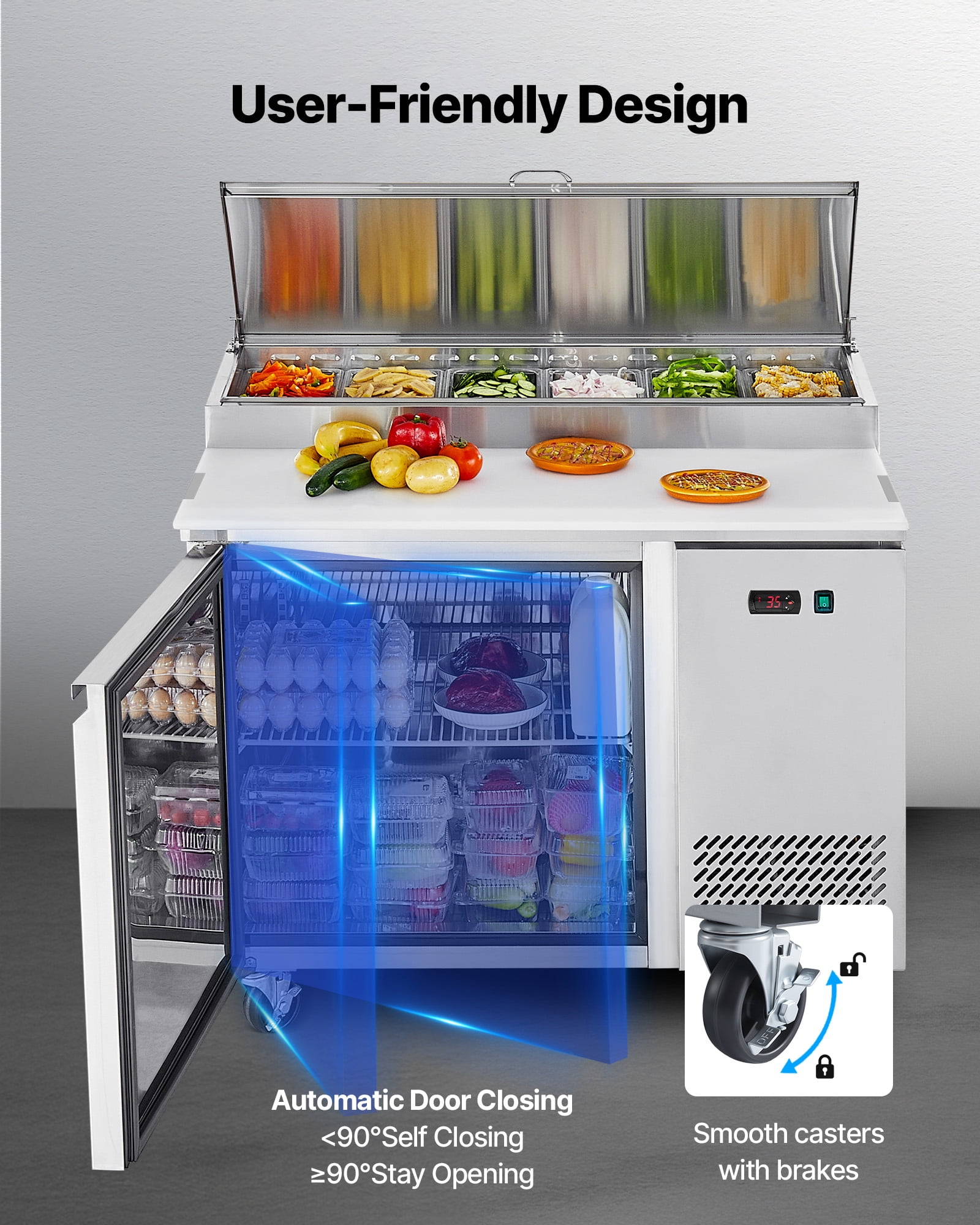 VEVOR Commercial Refrigerator, 44" W Pizza Prep Refrigerated Table, 20" Ultra Wide Countertop Food Prep Worktable,11 Cu.Ft Single Door Salad Prep Fridge,6 Pans