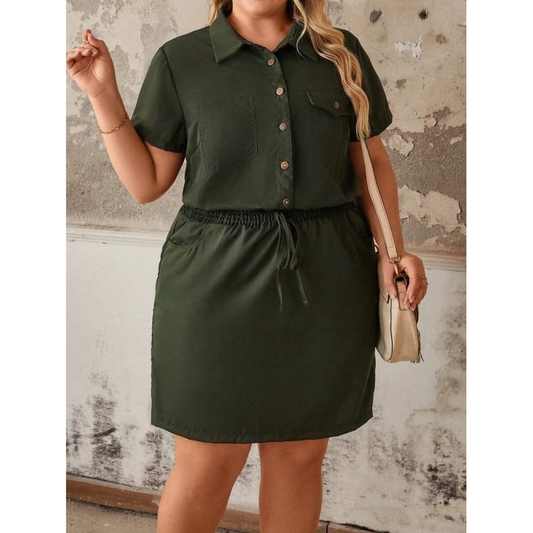 Plus Size Womens Army Green Shirt Dress With Elastic Waist, Half-Open Front, Short Sleeve, Casual Utility Mini Dress