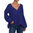 thumbnail image 3 of Cilcicy Women Puff Sleeve Solid Color V-neck Long Sleeve Blouse Loose Top, 3 of 4
