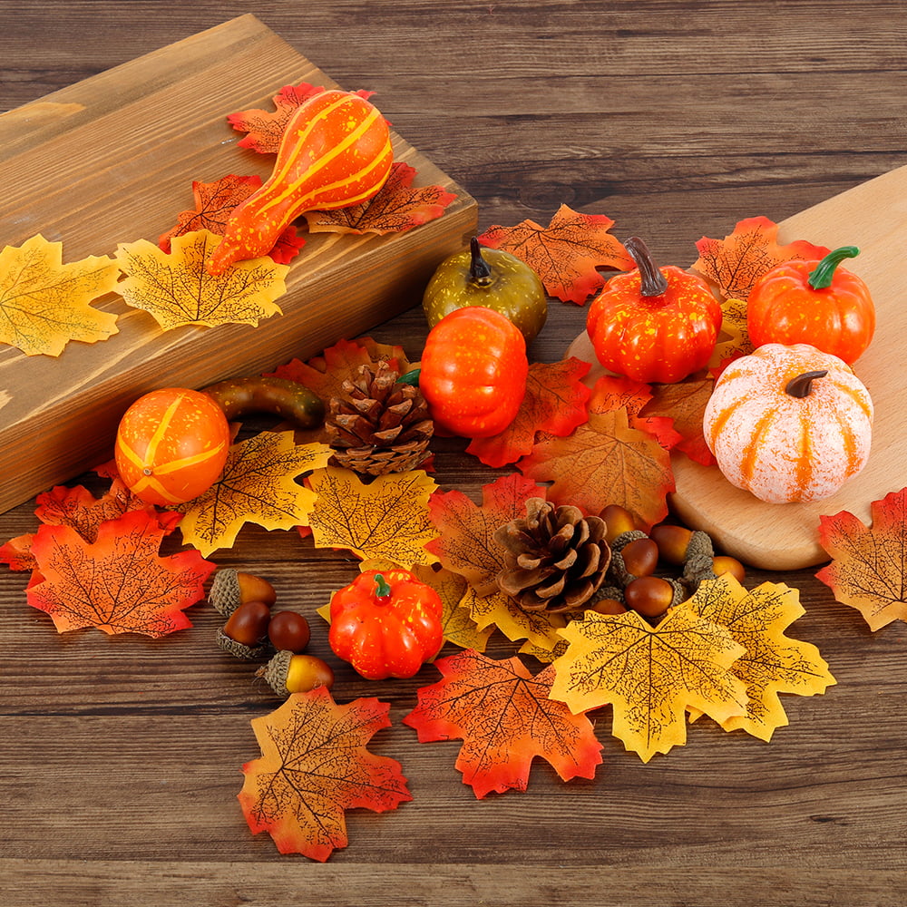 Artificial Orange Pumpkins and Maple Leaf Picks for Thanksgiving and Fall Decorations Group of 12