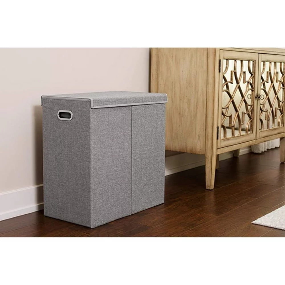 TEAFIRST Double Linen Laundry Hamper with Lid , Washing Clothes Storage Folding, for Home, Grey