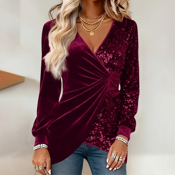 Uootdi Plus Size Sequin Tops for Women Sparkly Glitter Bow Crewneck Long Sleeve Shirts Evening Party Night Top Going Out Pullover Gift