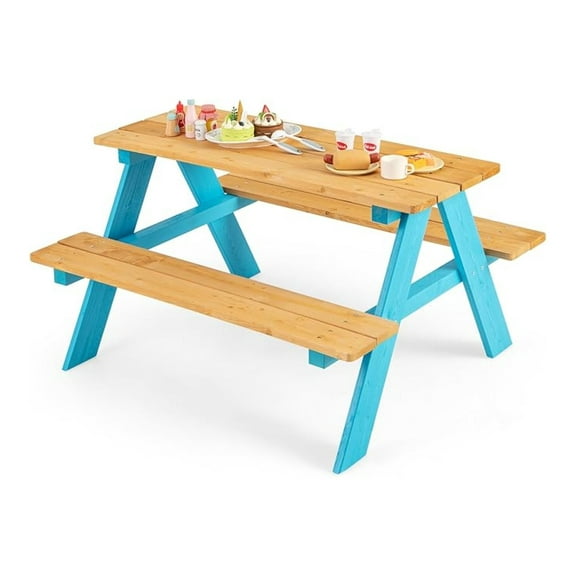 Kids Picnic Table, Fir Wood Toddler Table and Benches, Kids Outdoor Furniture, Blue, 31" x 35" x 20"