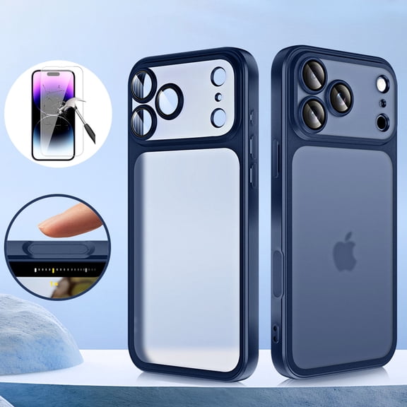 ELEHOLD for iPhone 17 Pro Matte Case with Full Camera Lens Protector ,Frosted Translucent Back Drop Protection Cover   1X Screen Protector,Blue