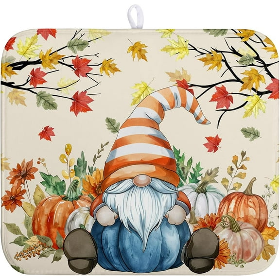 Autumn Kitchen Drying Mats for Dishes - Fall Gnome Pumpkin Maple Leaves Dry Mats - 16x18in Thanksgiving Microfiber Absorbent Dish Rack with Hanging Loop