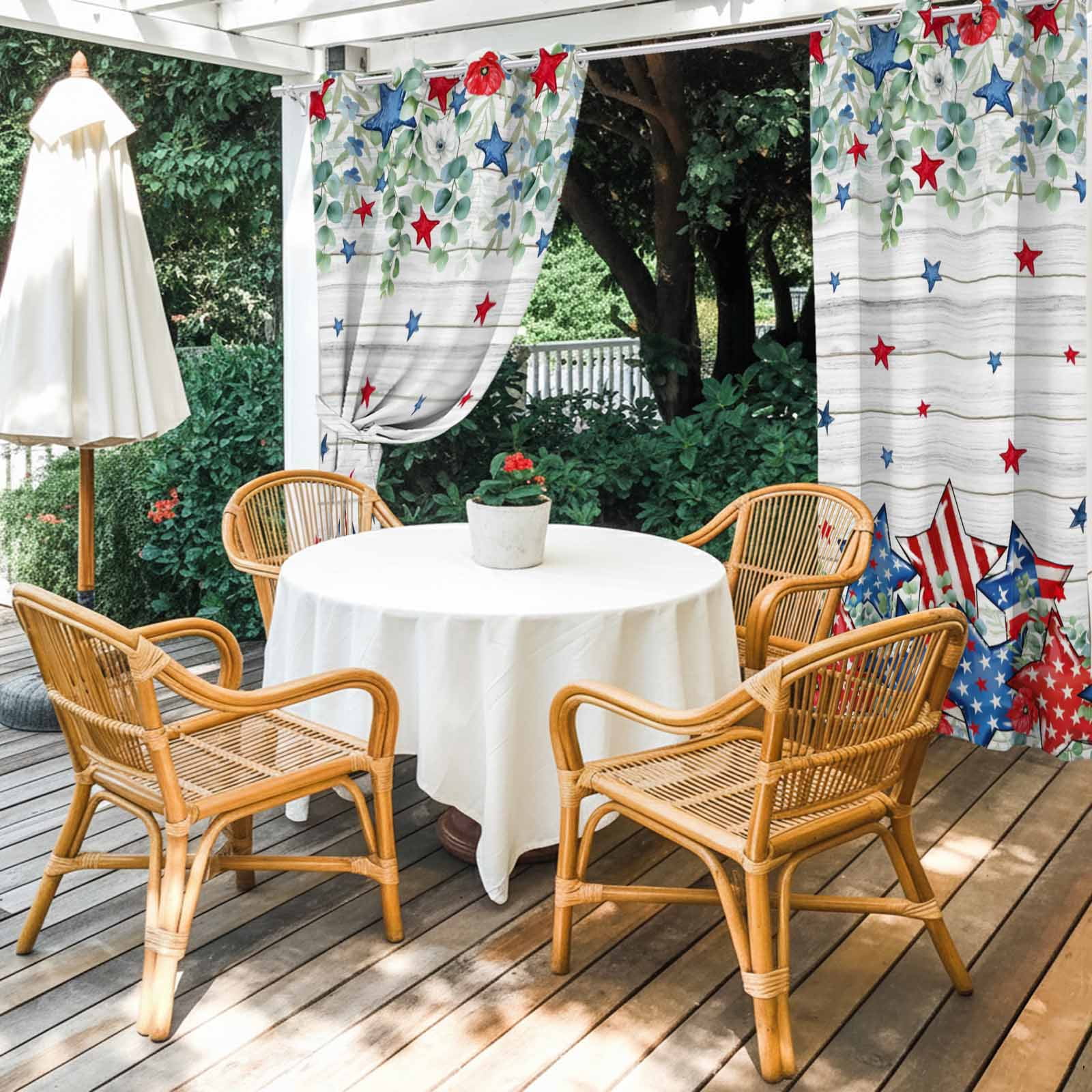 Independence Day Star Outdoor Curtains for Patio, Farm Red Blue White Star Green Leaf Flower Wood Grain Sunshade Privacy Drapes Grommet Waterproof Outside Curtains for Porch Balcony 54"x108", 1 Panel