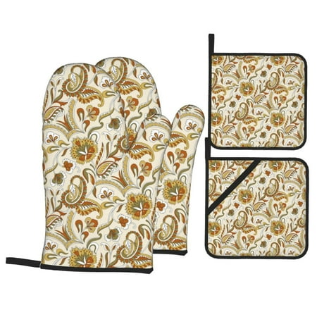 

Oven Mitts and Pot Holders 4 pcs Set Indian Paisley Heat Resistant Pot Holders Oven Mitts for kitchen Non-Slip Hanging Loop Oven Glove Potholders for Baking Cooking