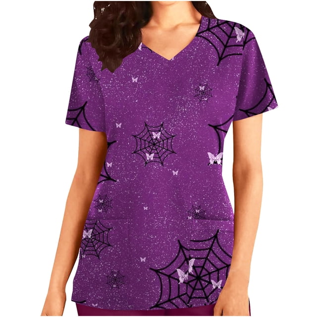 RKSTN Women Tops Short Sleeve V-neck Tops Working Uniform Halloween Printed with Pockets Blouse Scrub Tops