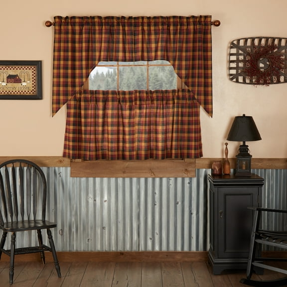 VHC Brands Heritage Farms 4 PC Deep Burgundy Curtain Set (2 Swag 36x16 and 2 Tier 24x36)