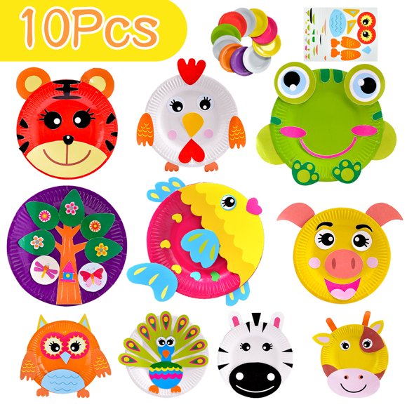 AMERTEER 10 Pack Toddler Crafts Paper Plate Art Kit Arts and Crafts for Kids Boys Girls Preschool Easy Animal Plate Craft DIY Projects Supply Kit Creative Home Activity Party Groups Gift (Set A)
