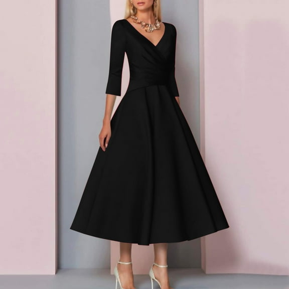 Rigardu dresses for women A Line Mother Of The Bride Dress Wedding Guest Vintage Plus Size Elegant V Neck Tea Length Satin 1/2 Length Sleeve With Pleats womens dresses Black L
