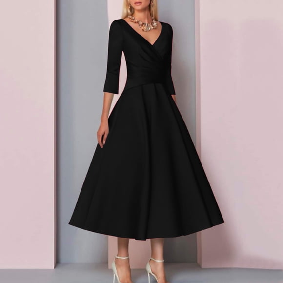 DondPO Midi Dresses for Women,Wedding Guest Dresses Mother Of The Bride Dress Wedding Guest Tea Length Satin With Pleats Summer Dresses,Elegant Dresses Plus Size Dress Black Dress XXL