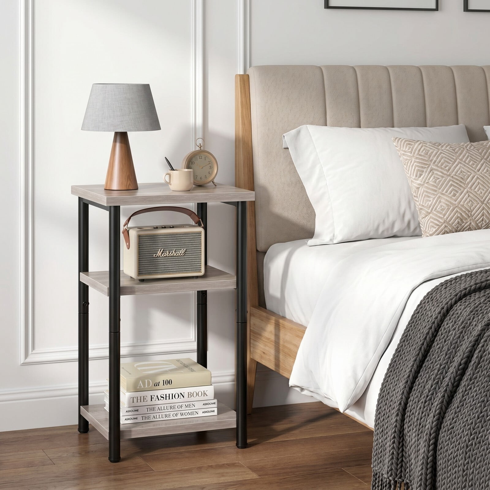 Kelno 3-Tier Nightstand Small End Table with Open Storage Shelf and Adjustable Feet, Gray
