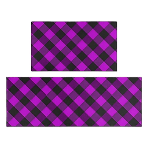 Purple and Black Checkered Pattern Anti Fatigue Kitchen Rugs Set Of 2, Non Slip Washable Decorative Floor Mats for Kitchen Sink Laundry, 17"x30" and 17"x47"