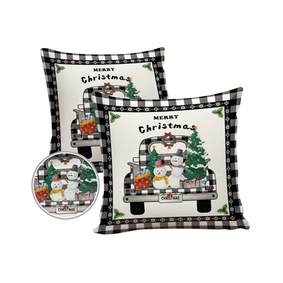 Pack of 2 Outdoor Pillow Covers, Merry Christmas Black White Buffalo Plaid Truck Christmas Tree Waterproof Square Throw Pillowcase Cushion Decorative Pillow Covers for Couch Patio Tent, 16x16 in