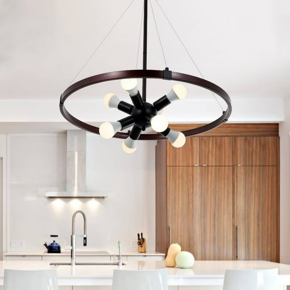 AFANQI 8 Light Dining Room Farmhouse Chandelier, 25.6 Inch Rustic Wagon Wheel Chandelier, Metal Vintage Round Hanging Lighting Kitchen Island Living Room