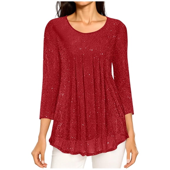 XUNKUSGA Tops for Women Casual Crewneck 3/4 Sleeve Flowy Tunic Tops Double Layers Mesh Tunic Shirts Fashion Pleated Front Work Blouses for Women Comfortable Lightweight Women's Blouses S-2XL Red