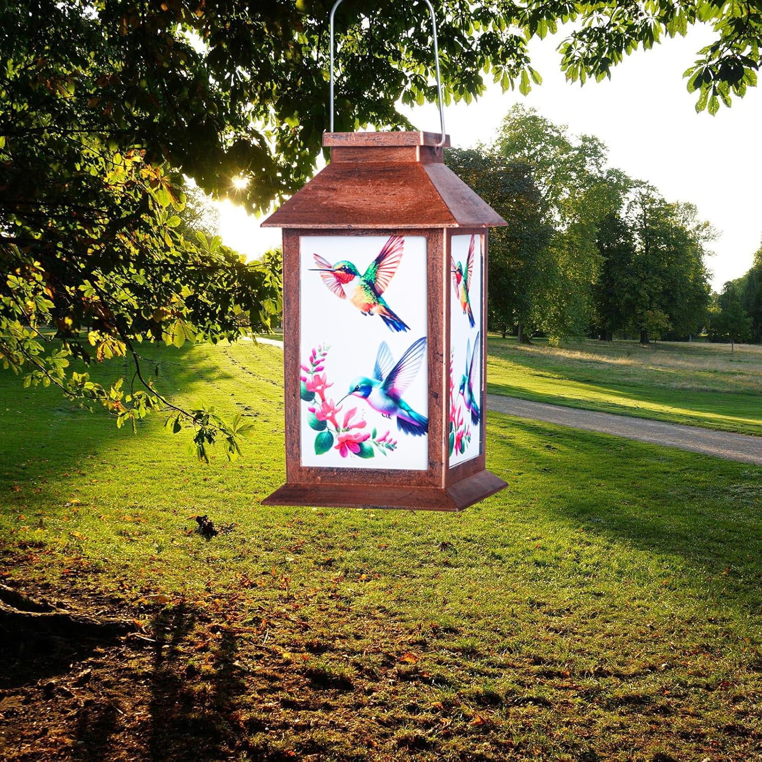 Hummingbird Solar Lantern House - Waterproof Hanging Wind Chimes Garden Lights | Geometric Cutouts, Auto On/Off Warm White for Patio/Yard/Pathway