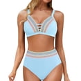 thumbnail image 1 of Wancir Women's Bikini Sets Women's Conservative Solid Color Color Blocked High Waisted V-neck Drawstring Adjustable Gathering Split Swimsuit Set, 1 of 3