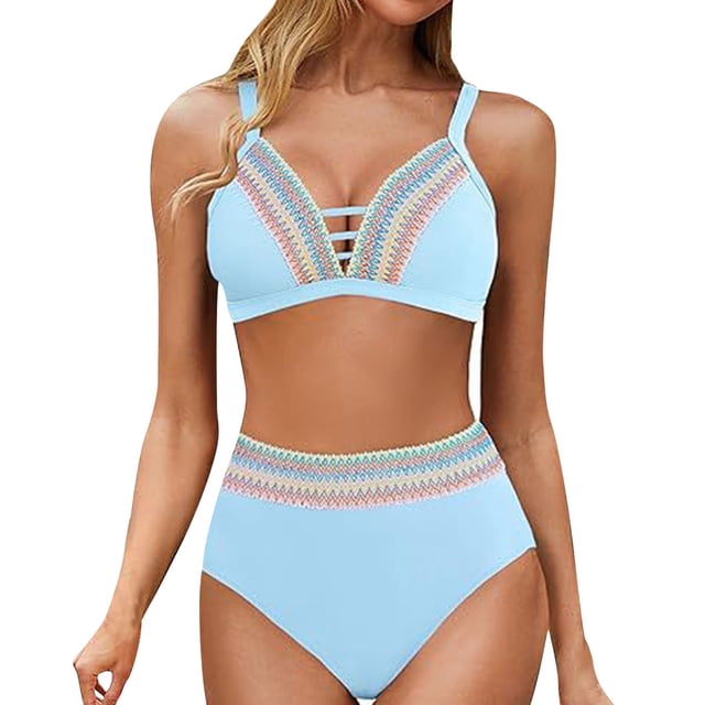 Wancir Women's Bikini Sets Women's Conservative Solid Color Color Blocked High Waisted V-neck Drawstring Adjustable Gathering Split Swimsuit Set