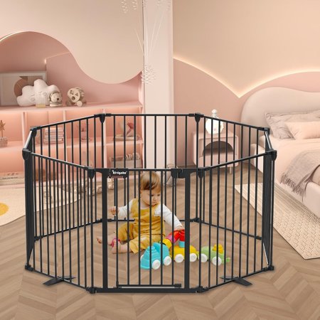 Baby Gate 27.5"-199" Extra-Wide Gate for Stairs, Play Yard Child Safety Gate, Dog-gate with Auto-Close Door, Double Locking System for Fireplace, Kitchen, Foldable 8 Steel Panels, 29" Height