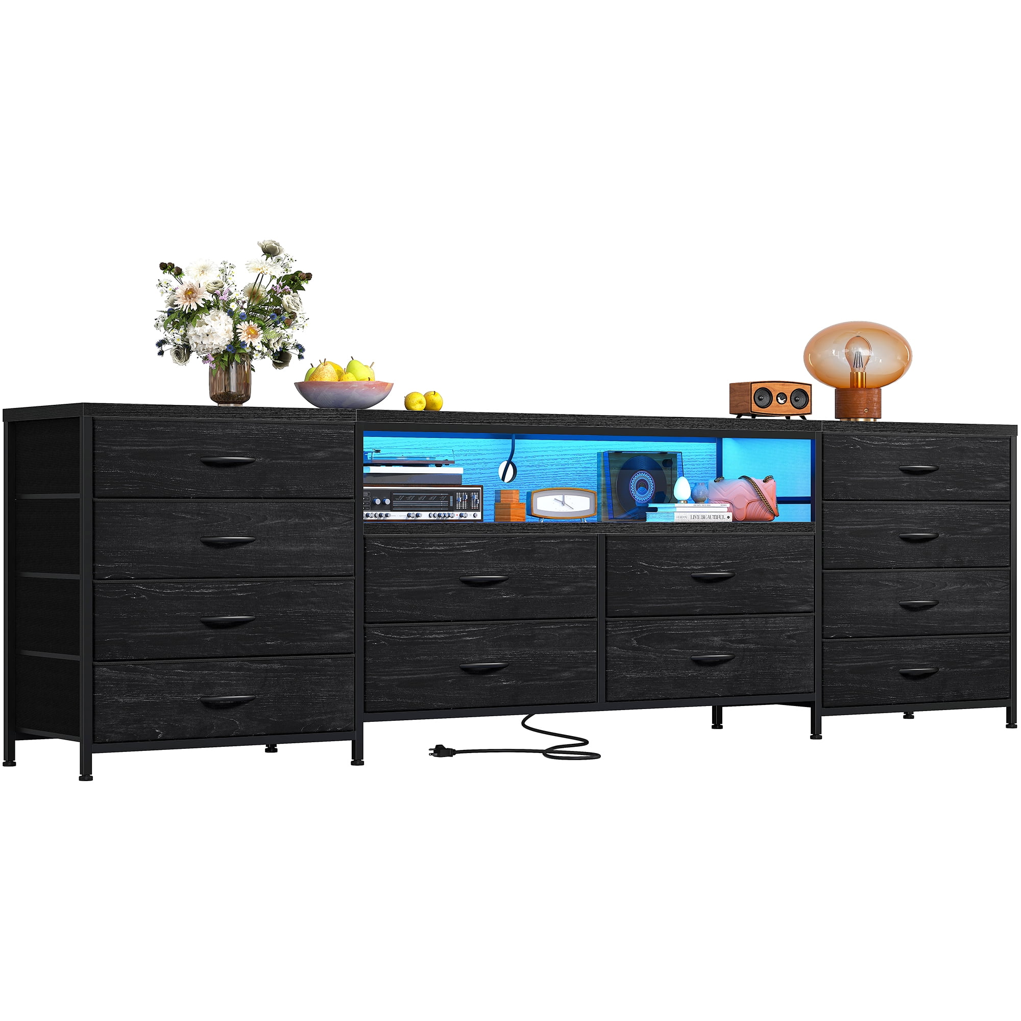 EnHomee 63" Long Dresser TV Stand for 65 70 75 Inch LED TV Stand Dresser for Bedroom with Power Outlets&12 Fabric Drawers,Black