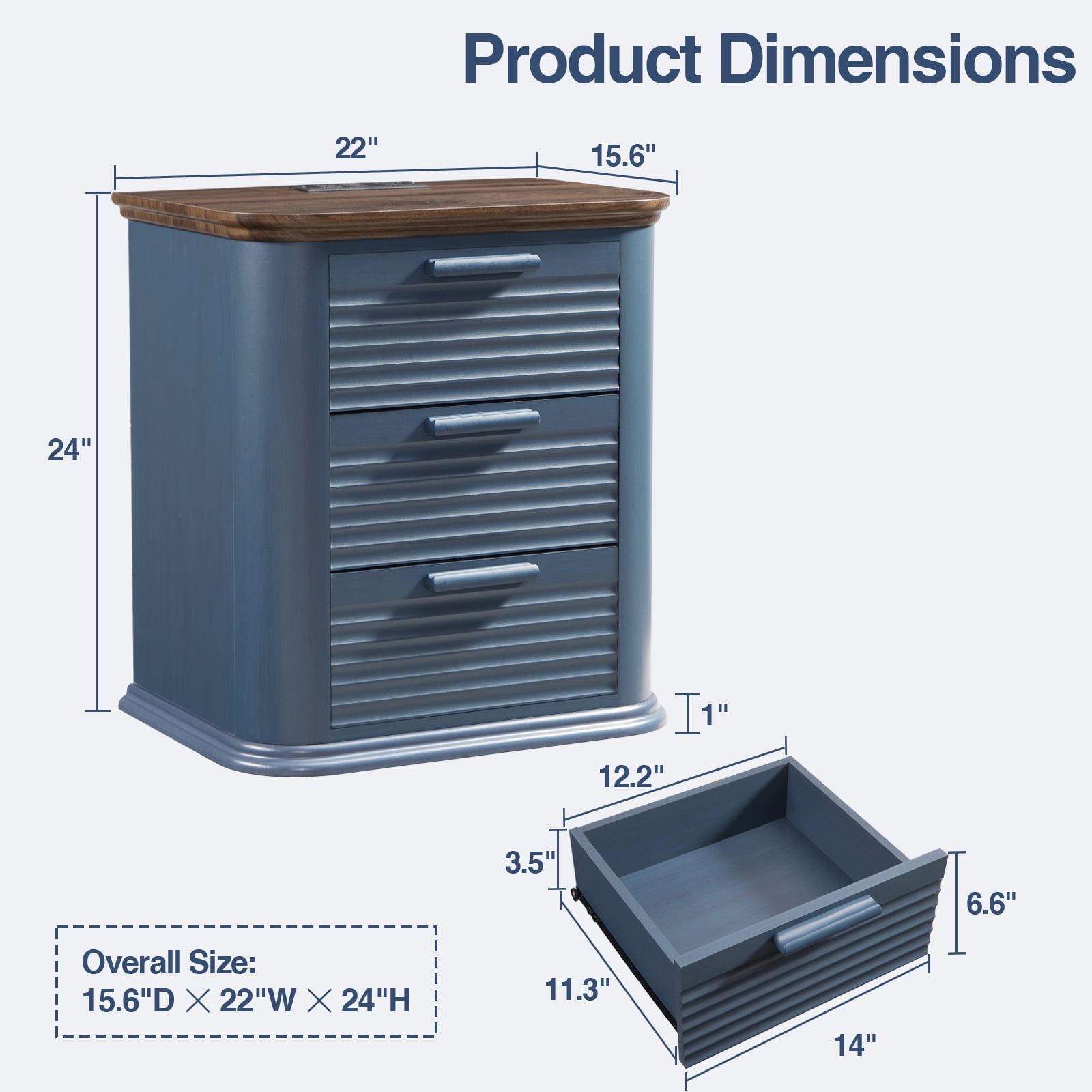 Hommoo 22" Wide Fluted Nightstand with Charging Station, Modern End Table Bedside Tables, 3 Drawer Dresser for Living Room, Bedroom, Home Office, Navy Blue
