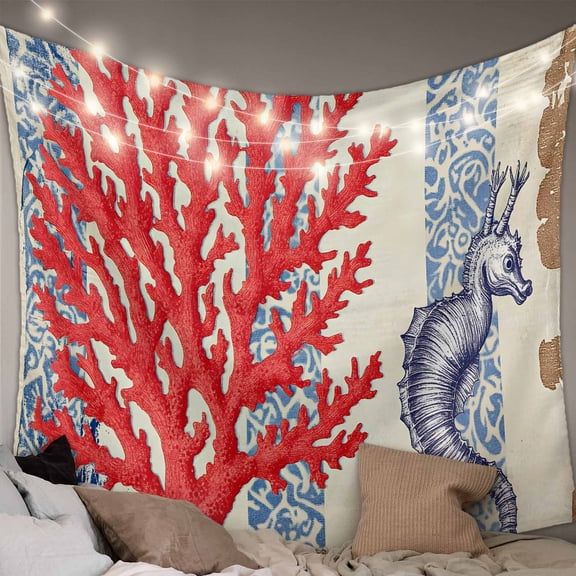 Ocean Red Coral Tapestry for Bedroom Wall Hanging Tapestry, Vintage Coastal Floral Stripe Seahorse Ceiling Backdrop Tapestries Poster Blanket Wall Decor for Teens Room Living Room Dorm 55" x 73"
