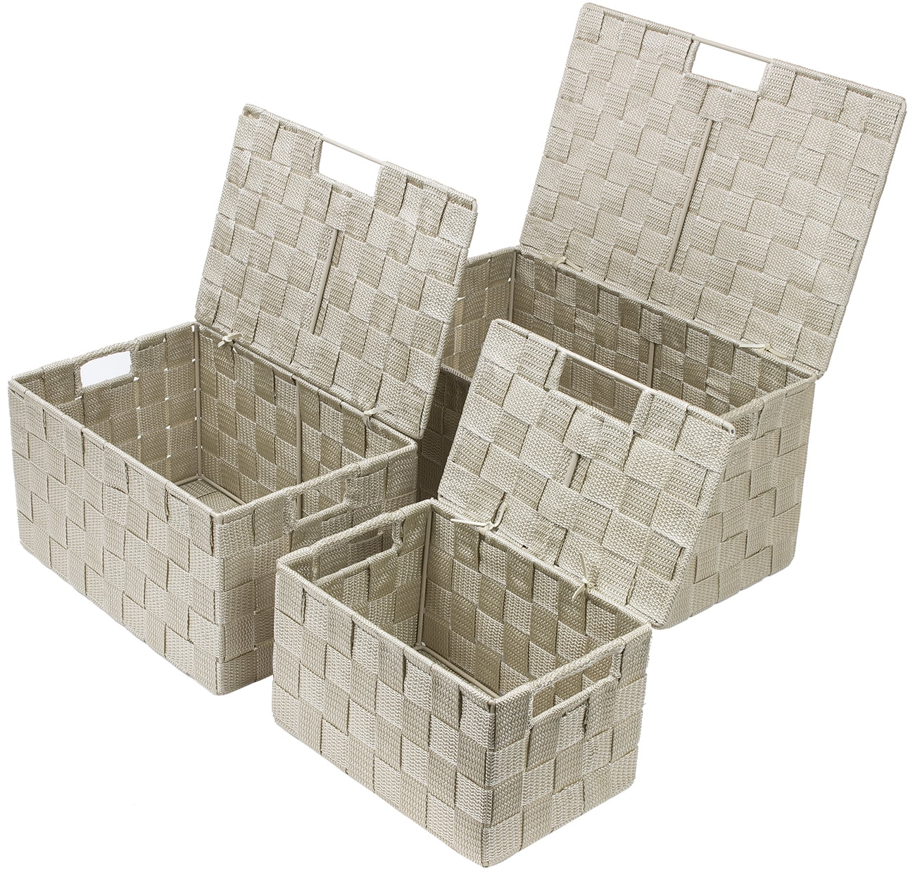 Storage Box Woven Basket Bin Container Tote Cube Organizer Set Stackable Shelf Organizer Built-in Carry Handles (3-Piece) beige
