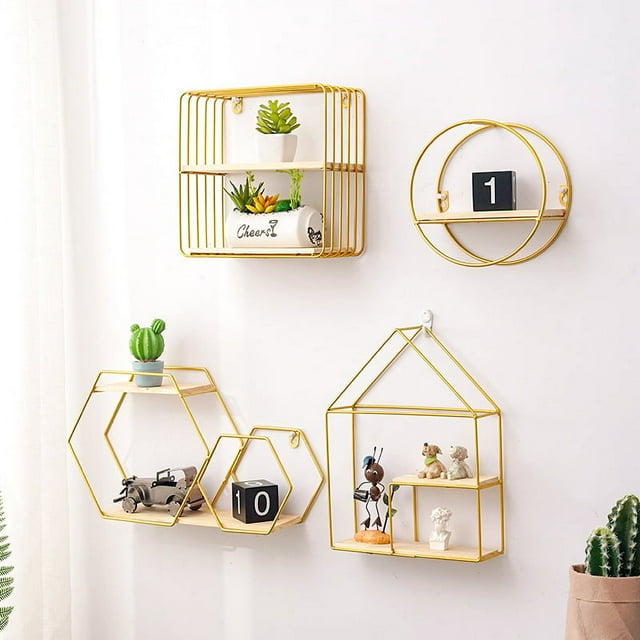 Estante de pared de hierro para dormitorio, decoración para colgar en la pared, estante de almacenamiento de adornos sin perforaciones