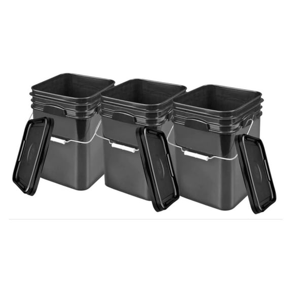 4 Gallon Black Square Food Grade Bucket Pail with Lid ( Pack of 3)