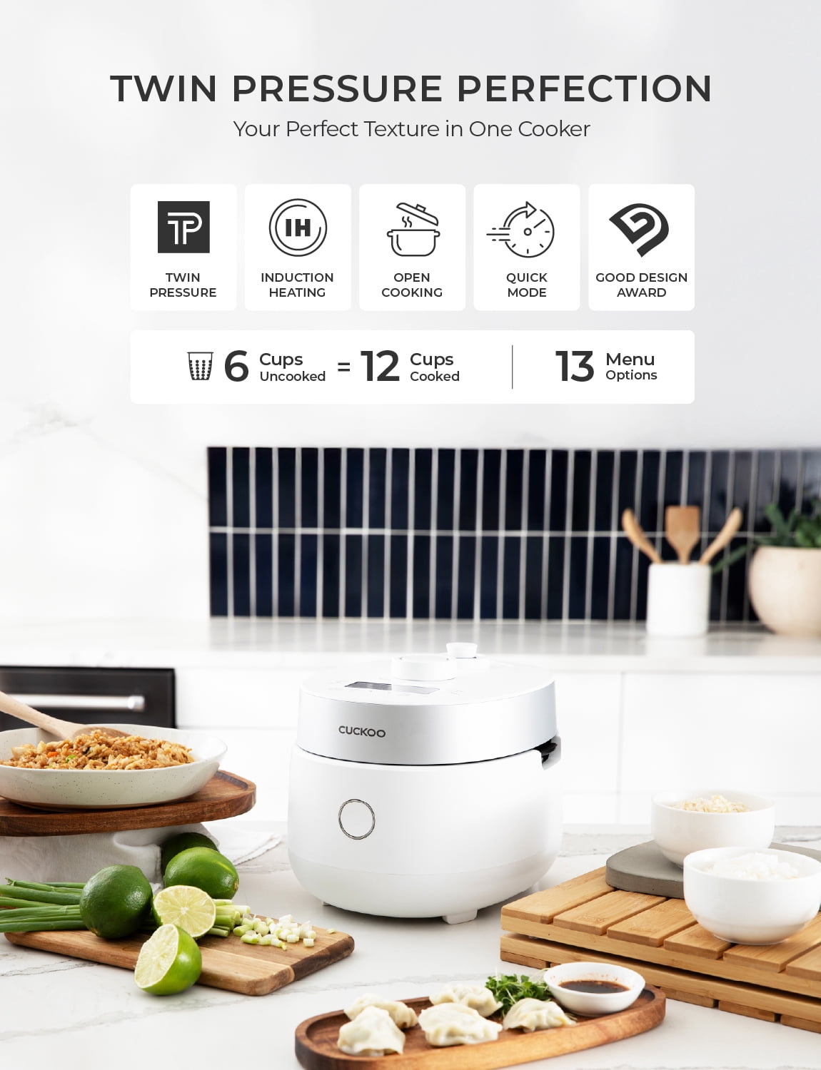 CUCKOO Twin Pressure Rice Cooker 3-Cup Uncooked / 6-Cup Cooked with Induction Heating Technology, 15 Menu Modes with Voice Guide, Small Rice Maker Multi-Cooker & Pressure Cooker (CRP-MHTR0309FW)