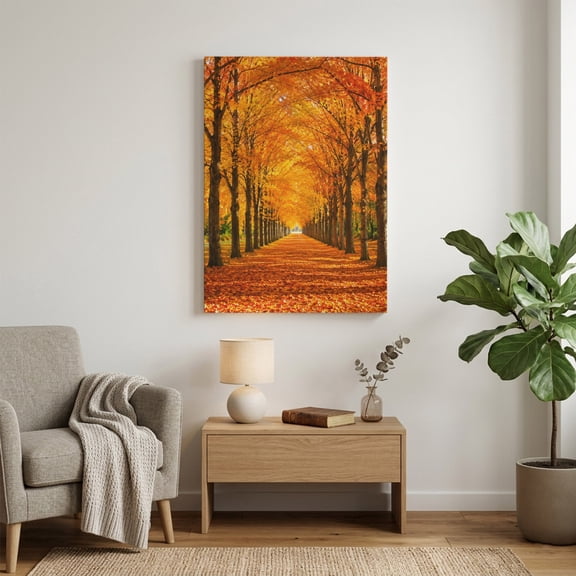 Canvas Wall Art Autumn Fallen Leaves Canvas Art Print Golden Path Fall Trunks Rustic Pictures Wall Decor for Living Room Bedroom Artwork Decorations Stretched Framed Ready to Hang 24"x36"